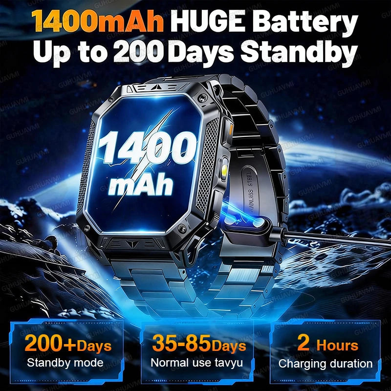 2026 TANK Neue 1400mAh Militär GPS Smartwatch Herren 2.01" AMOLED-Bildschirm 10ATM Wasserdichte Uhr SOS Anruf Taschenlampe Smartwatch iOS