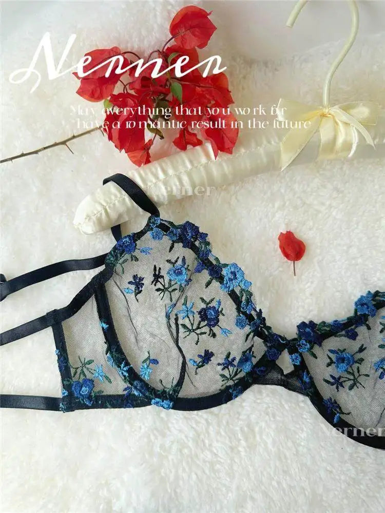 YUQI Französisches Luxus-Dessous-Set – sexy BH- und Höschen-Set mit floraler Stickerei in Schwarz, durchsichtige, transparente, verführerische Damen-Unterwäsche