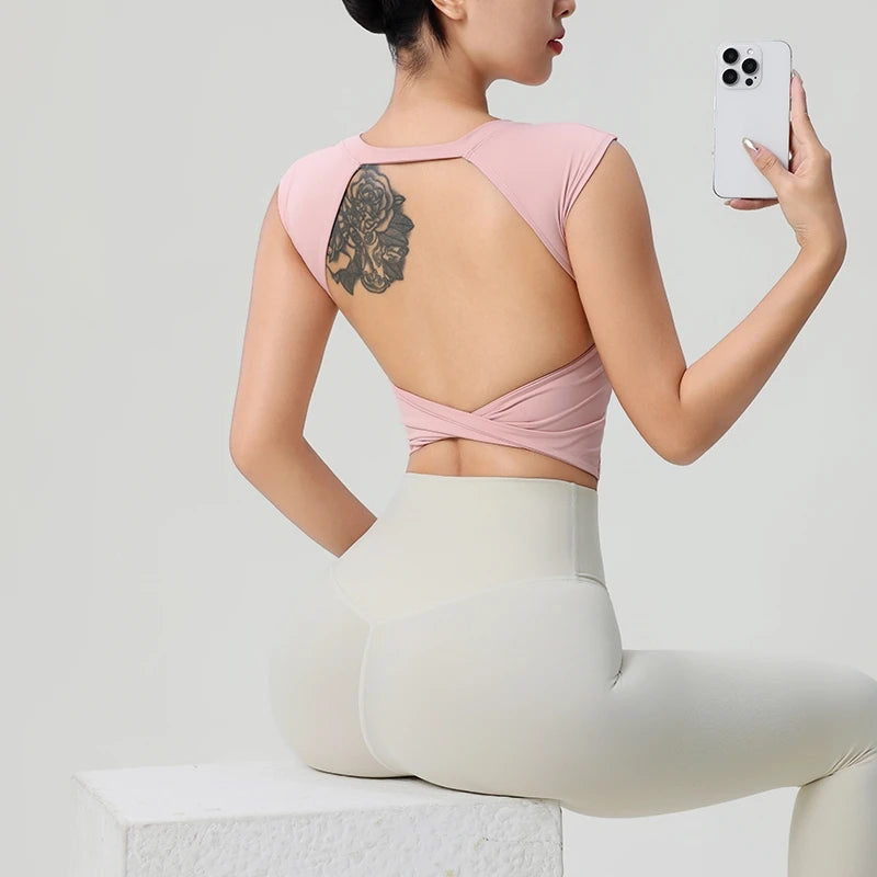 Sexy rückenfreies Sport-Top für Damen, fester Brustpolster, eng anliegendes, schnell trocknendes, schlankes Yoga-Oberteil, atmungsaktives Fitness-Shirt