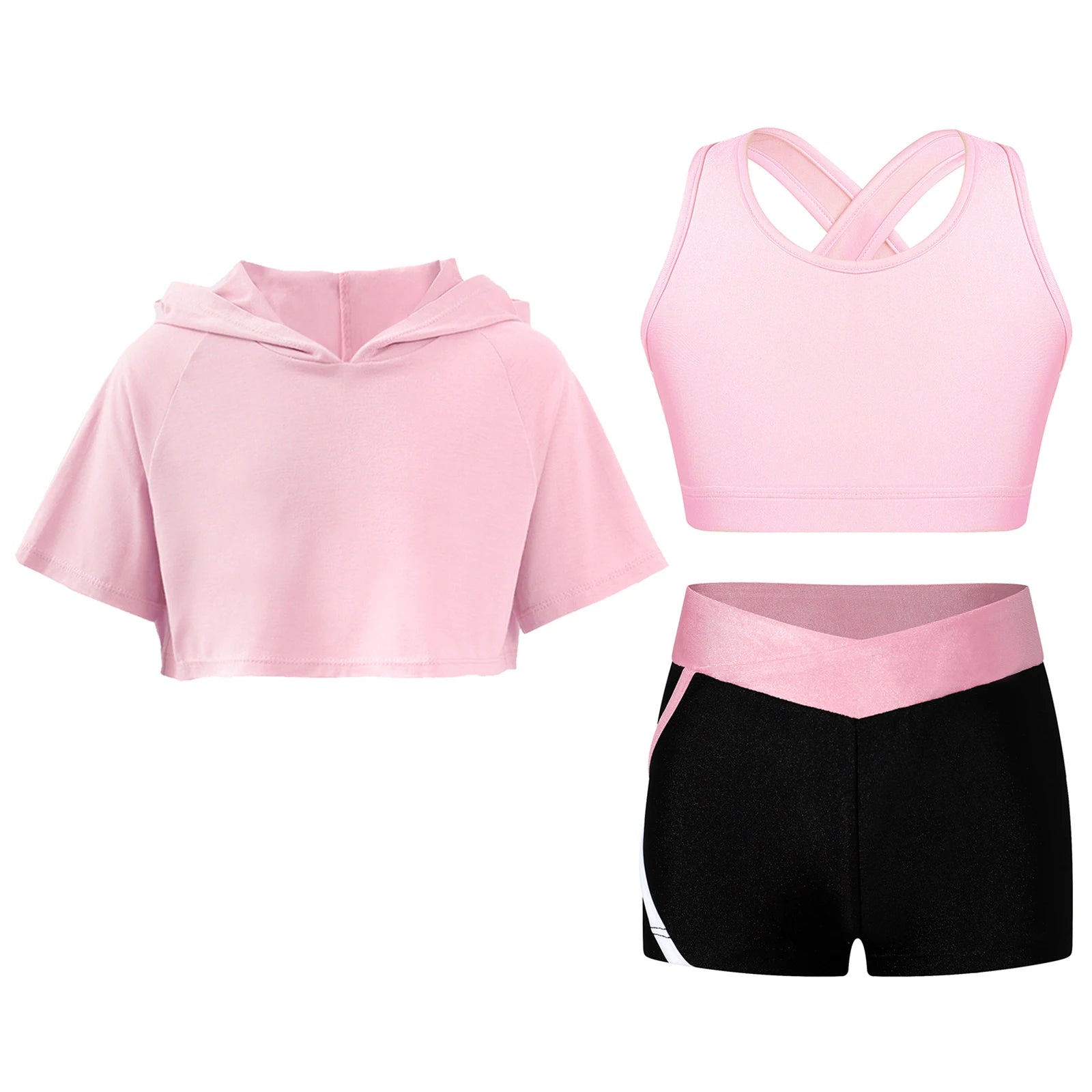3Pcs Girls Sports Set Vest+Hooded Crop Top+Shorts Sportswear Set for Child Dance Yoga Running Cycling Workout Costume Activewear