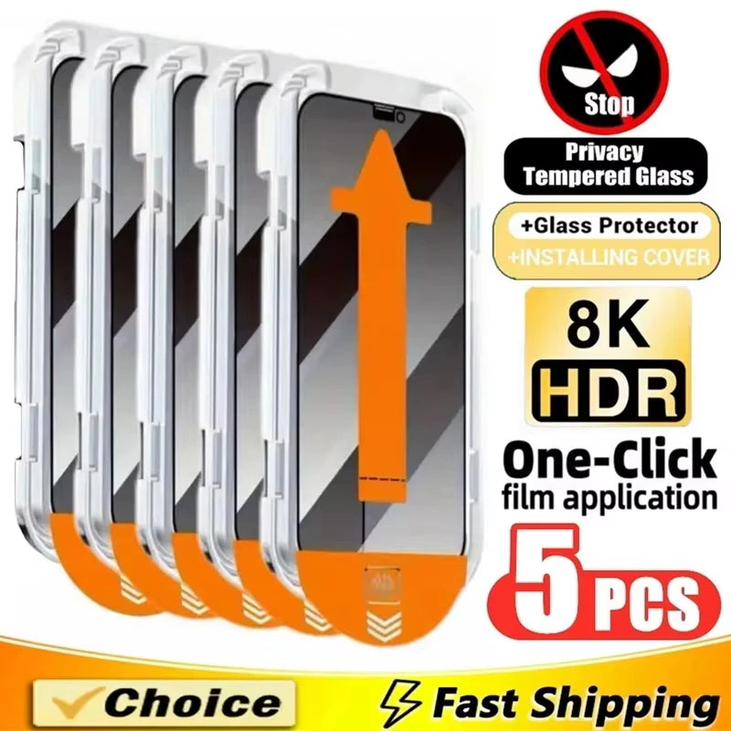 5 Stück staubfreier Blickschutz-Displayschutzfolie für iPhone 17 Pro Max 16 Pro Max 15 14 11 12 13 X XR 16e Air Anti-Spy Glas Einfache Installation