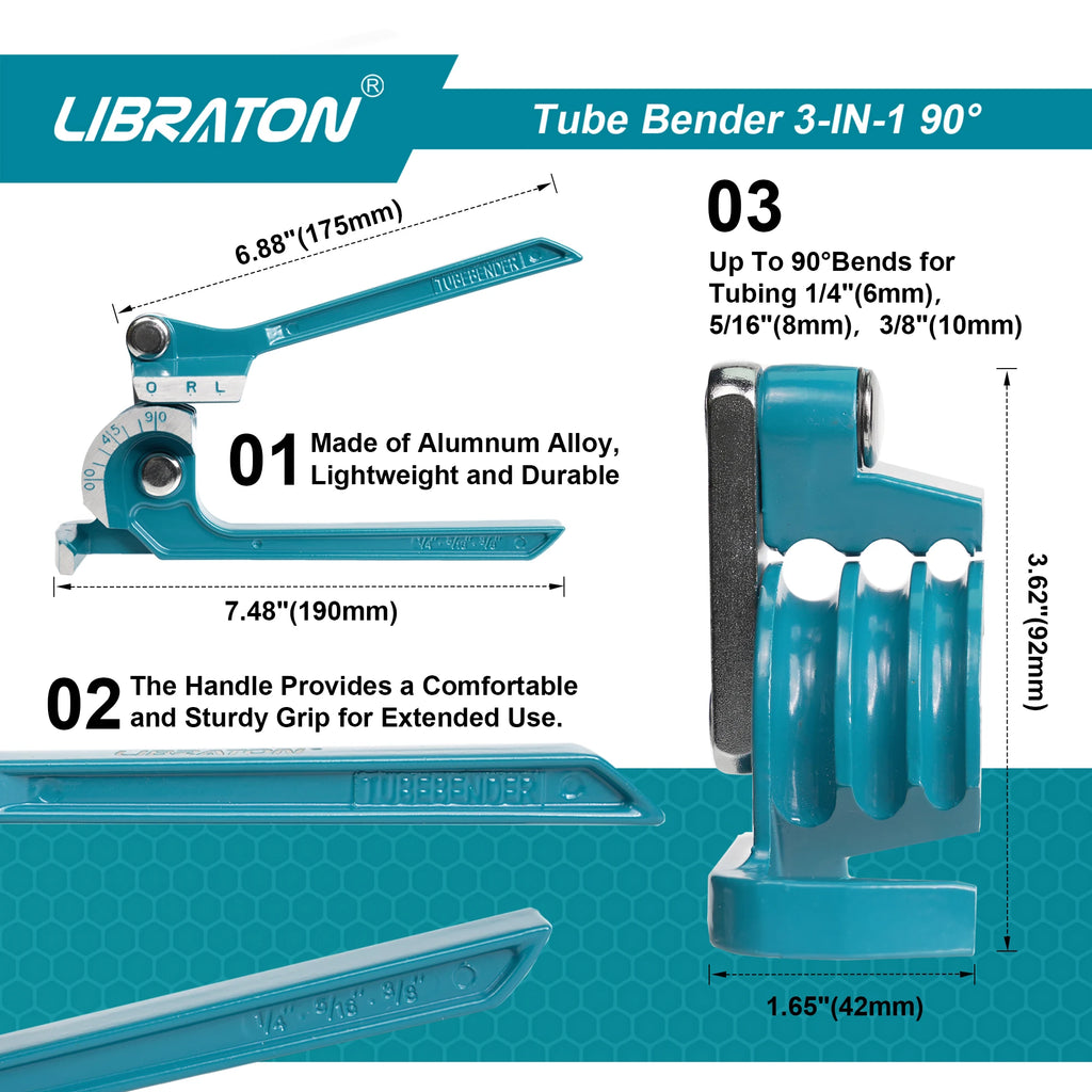 LIBRATON Rohrbieger, 3-IN-1, 1/4" (6mm), 5/16" (8mm), 3/8" (10mm), für Kupfer-, Messing-, Aluminium- und dünnwandige Stahlrohre