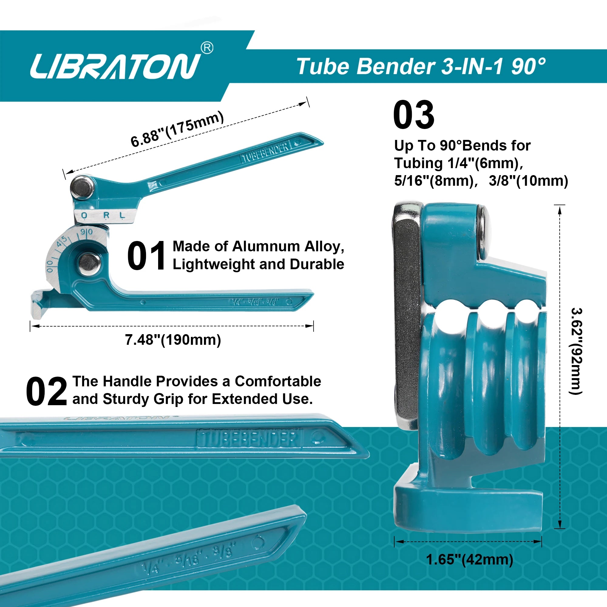 LIBRATON Rohrbieger, 3-IN-1, 1/4" (6mm), 5/16" (8mm), 3/8" (10mm), für Kupfer-, Messing-, Aluminium- und dünnwandige Stahlrohre