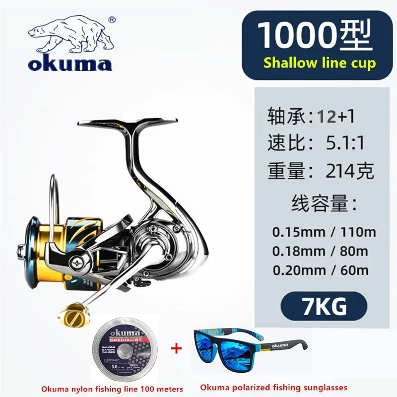 Okuma Ganzmetall-Angelrolle mit flacher Spule 15 kg Korrosionsschutz Salzwasser Spinnrolle 1000-5000