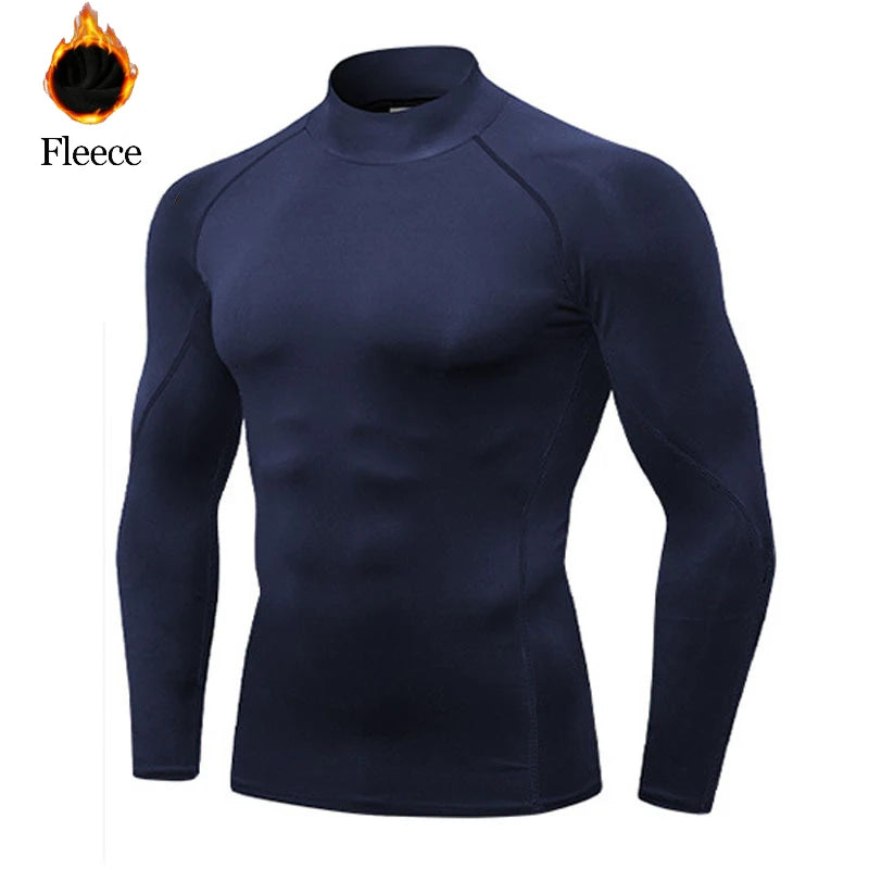 Winter Fleece Sports Shirt Men High Neck Compression Shirt Long Sleeved Training Top High Stretch Undershirt