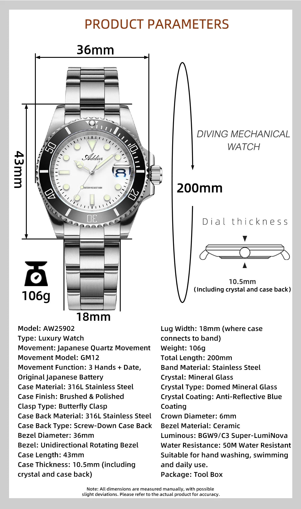 ADDIES Luxus Damenarmbanduhren Elegant Klassische 36mm Business Damenuhr BGW9 Leuchtend Wasserdicht Edelstahl Quarz Damenuhren