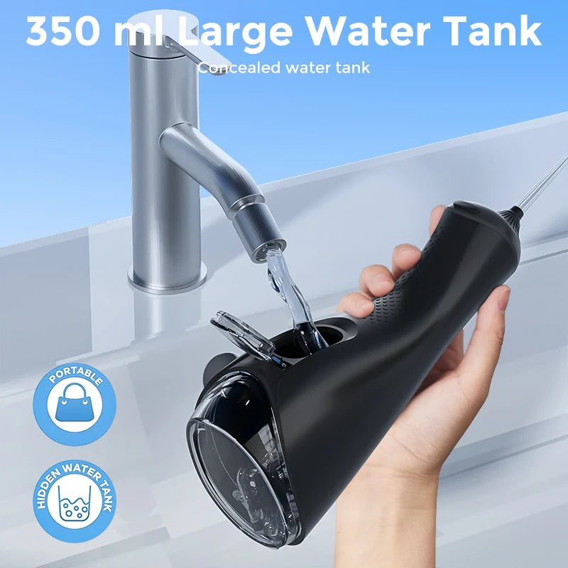 SEJOY Tragbarer elektrischer Munddusche-Irrigator Zahnaufhellungsstreifen 350 ml Tank 5 Modi 5 Aufsätze für Zuhause und Reisen