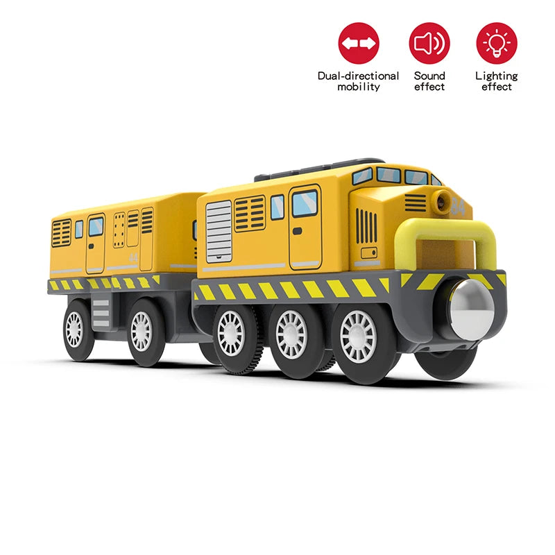 Kid Magnetische Elektrische Zug Lokomotive Holzschienen Slot Diecast Eisenbahn mit Zwei Waggons Zug Holzspielzeug Biro Leduo Gleis