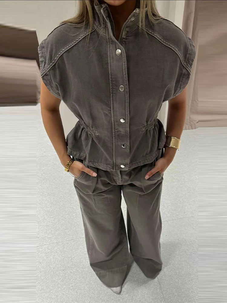 Jeansweste Lockere Lange Hose Damen Set Stehkragen Einreiher Taillierte Oberteile Hohe Taille Hose Schicke Lässige Damen Neue Sets