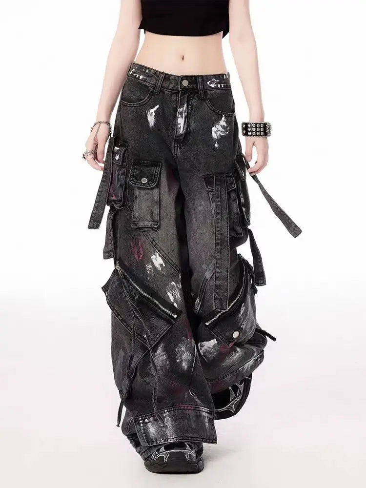 Y2K Harajuku Gothic Multi-Pocket Washed Black Jeans Herren Und Damen 2000er Heavy Industry Drag Pants Street Hip Hop Wide Leg Pants Hauptbild