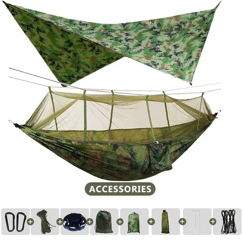 260x140cm Camping Hängematte Doppelgröße Fallschirm mit Moskitonetz Regenschutz Tarp Leicht für Wandern Reisen