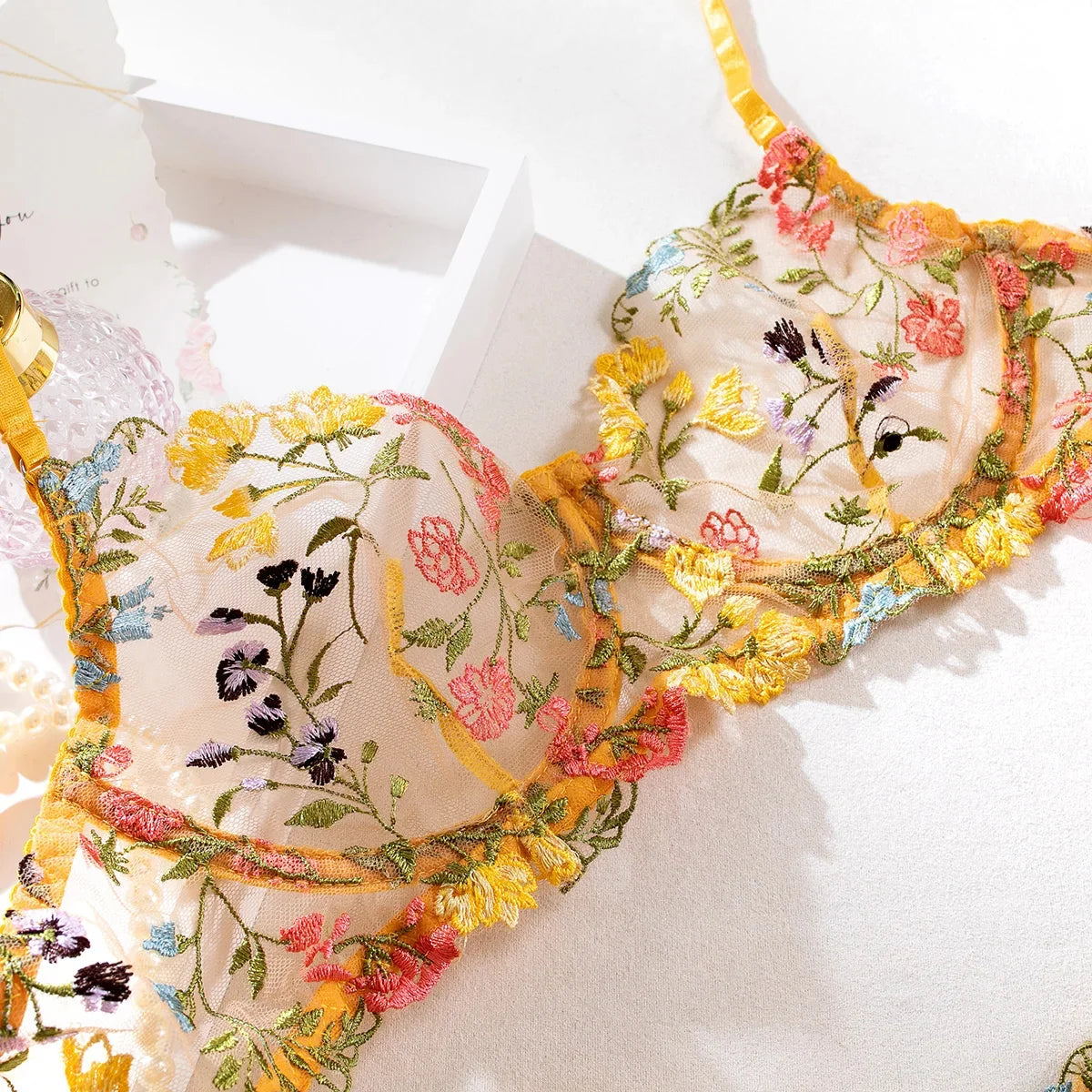 Yimunancy Blumenstickerei Dessous-Set Damen transparentes 2-teiliges Boho-BH + Höschen Unterwäsche-Set Intimates