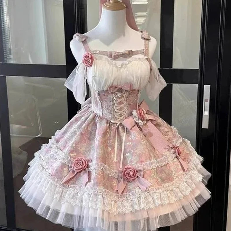 Japanisches Sommer-Kawaii-Lolita-Kleid Damen Party Vintage Süße Spitze Schleife Geburtstags-Kuchenkleider Harajuku Y2k Bandagenkleid