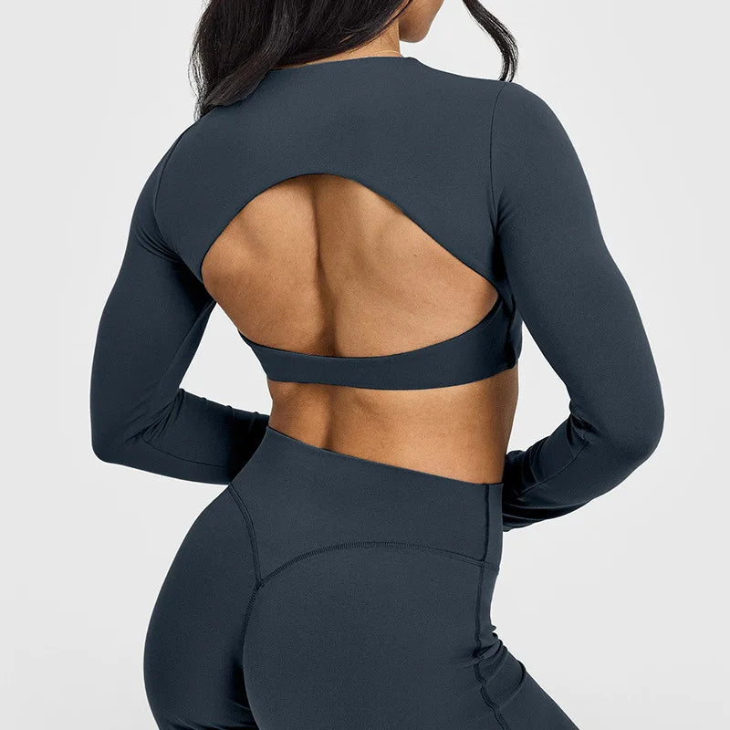 NCLAGEN Yoga-Top mit integriertem BH, langärmeliges Damen-Gym-Oberteil, rückenfreies Workout-Shirt, hochelastisches atmungsaktives Fitness-Shirt