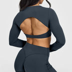 NCLAGEN Yoga-Top mit integriertem BH, langärmeliges Damen-Gym-Oberteil, rückenfreies Workout-Shirt, hochelastisches atmungsaktives Fitness-Shirt