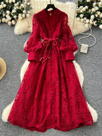 Frühlings-Herbst Französisches High-End Damenkleid Neue Spitze Stickerei V-Ausschnitt Laternenärmel Einreiher Party Geburtstagskleid C192