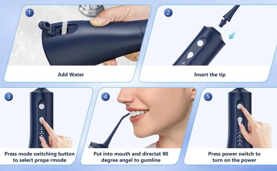 Sejoy Elektrische Wasserflosser Munddusche Wiederaufladbar Tragbar Dental 5 Modi Wassertank Zähne 300ML Wasserdichter Reiniger