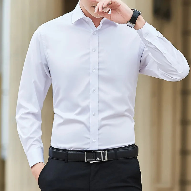 Neue Übergröße Herren Einfarbig Business-Hemd Mode Klassisch Basic Casual Slim Weiß Langarmhemd Markenkleidung Hauptbild