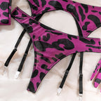 Sexy rosa Leoparden-BH-Handschuhe Beinsocken Dessous-Set Damen Perspektive Bequemes Mesh Exotische Kleidung Unterwäsche Anzug