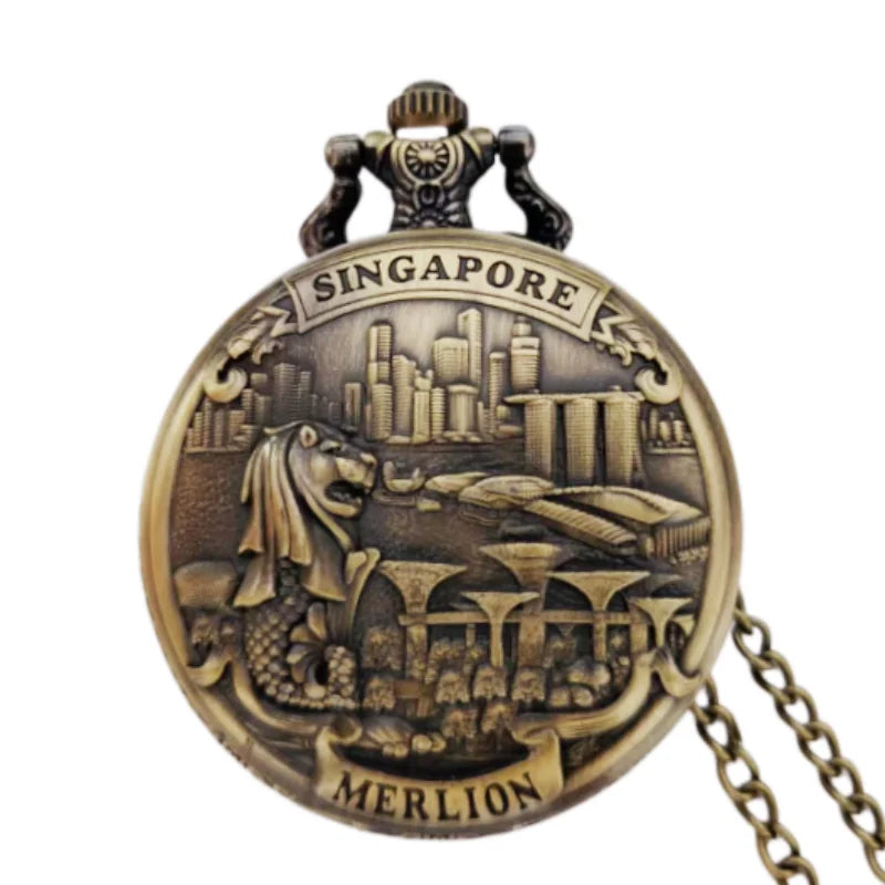 Retro Charm Neutral Fashion Merlion Scenic Spot Carving Quartz Pocket Watch Steampunk Men's and Women's Necklace Pendant Gift Hauptbild