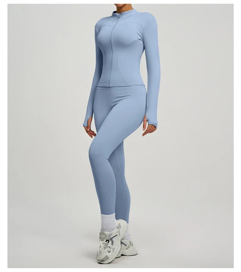 SVEIC Damen Zweiteiliger Trainingsanzug Yoga Set Langarmjacke High Waisted Leggings Atmungsaktive Sportkleidung Für Frauen