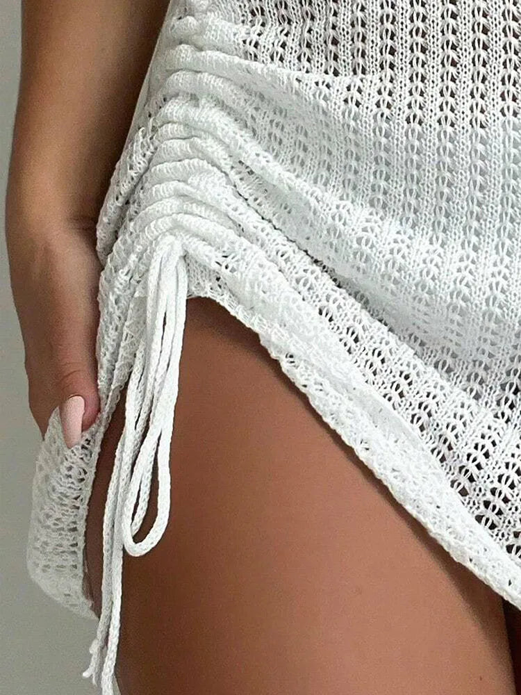 Modischer und eleganter kurzer Rock für die Poolparty, mit ausgeschnittenem Bikini-Strickrock und Tunnelzug für den Sommerstrand