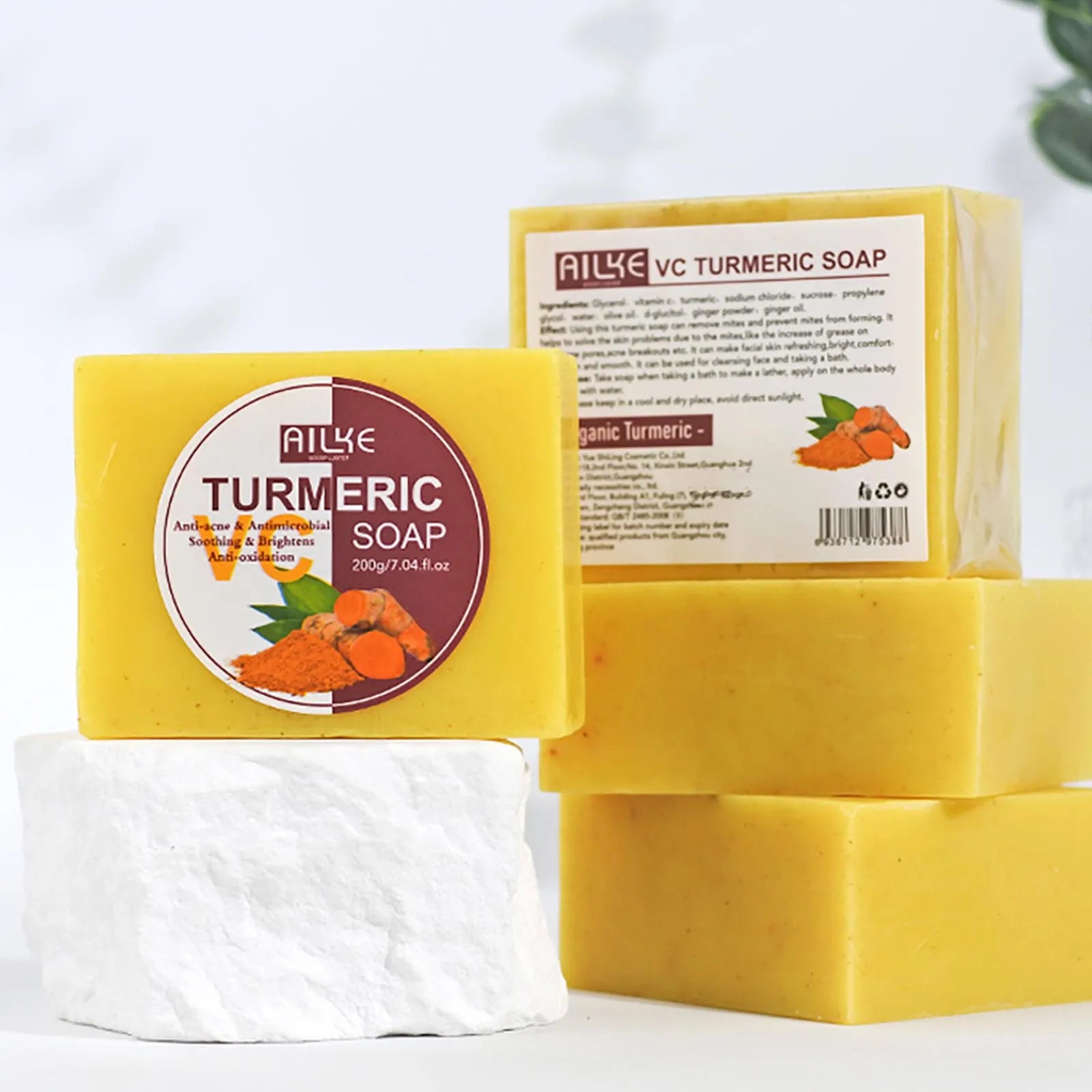 AILKE Natürliche Kurkuma-Badeseife für Gesicht, Körper, Hände, Aufhellung, Reinigung, gleichmäßiger Hautton, gegen dunkle Flecken und Akne, 200g