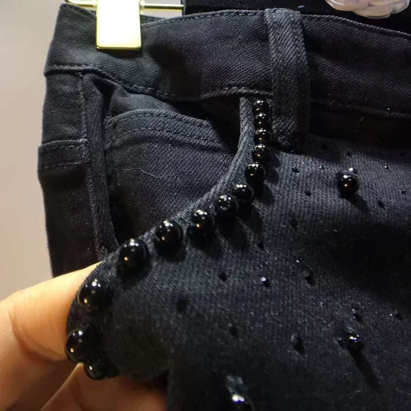 Neue Sommer Denim Patchwork Hakenblume Aushöhlen Spitze Gerade Weite Hose Casual Hohe Taille Schwere Stickerei Strass