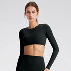 NCLAGEN Sport-Oberteile Gym Damen Fitness T-Shirt Langarm Offener Rücken Pilates Yoga Gepolstertes Crop Top Laufen Workout Fitness Bluse