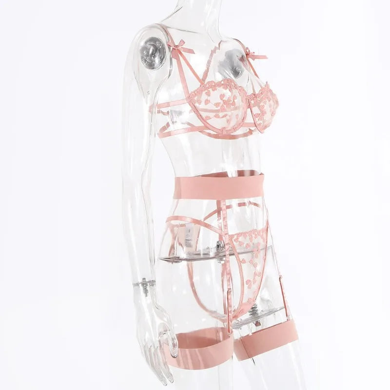 Spitzen-Dessous-Set 3-teilig Transparenter BH Strumpfhalter Halbcup Push-up Unterwäsche für Damen