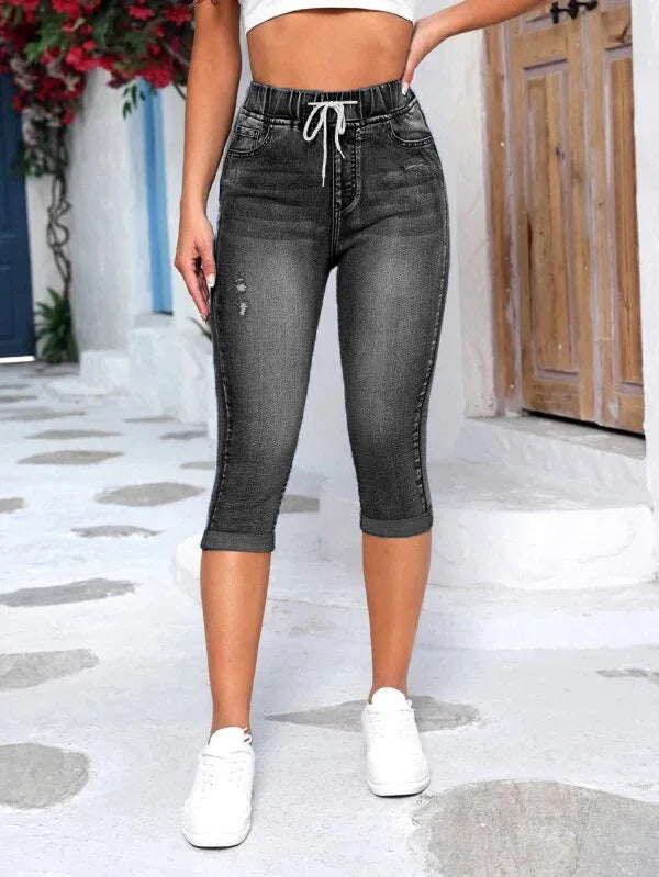 Jeans Damen Wadenlange Hose Denim Passform Hohe Taille Kordelzug Taschen Vintage Bleistifthose 2026 Streetwear Denims