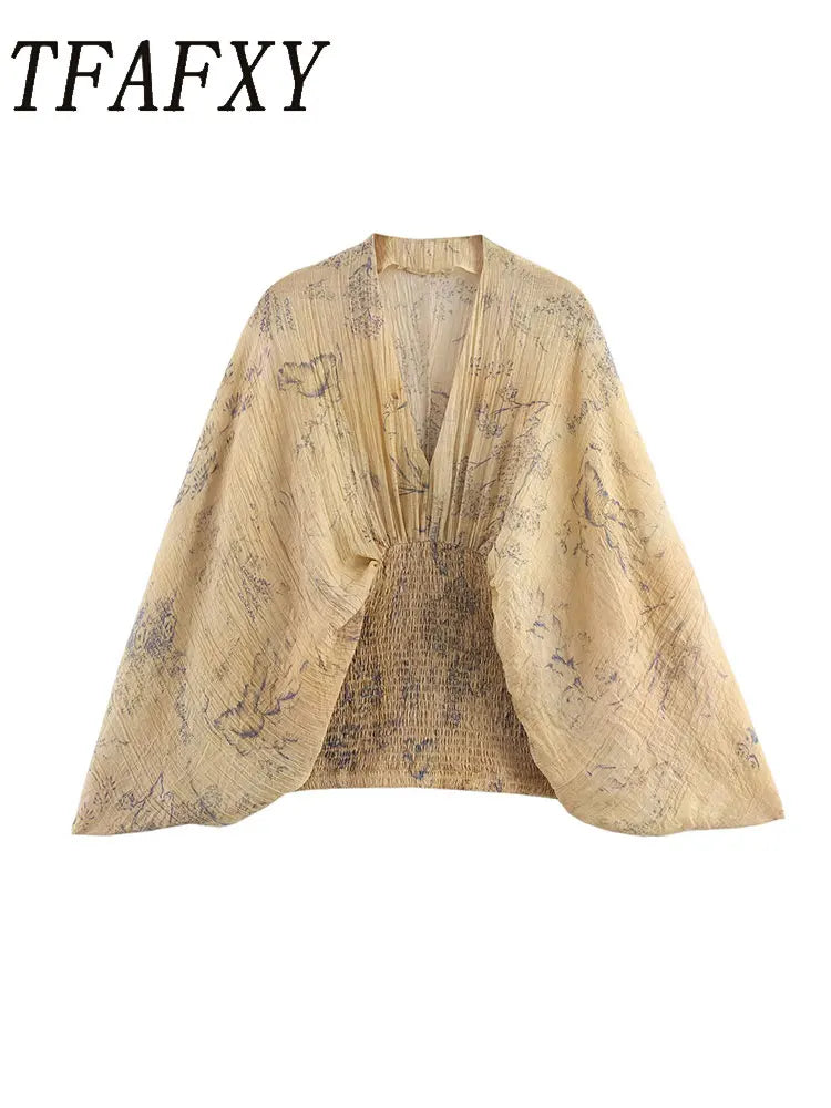 TFAFXY Damen Freizeitbluse mit V-Ausschnitt, Fledermausärmeln, Falten, lockere Bluse, neue Mode-Urlaubsshirts Hauptbild