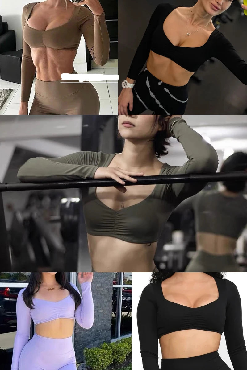 QINACTIVE Damen Yoga Shirts Crop Top Langarmshirts für Damen Yoga Sport Fitness Gym Kleidung Workout Tops