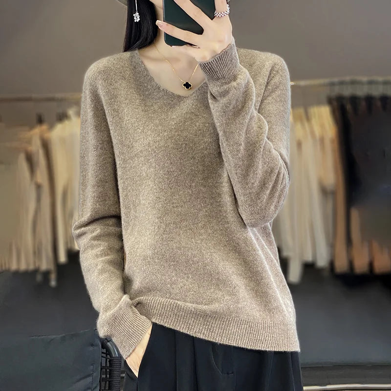 Damen 100% Merinowolle Pullover V-Ausschnitt Basic Pulli Herbst Winter Kaschmir Kleidung Langarm Weiche Strickware Oberteile Unifarben