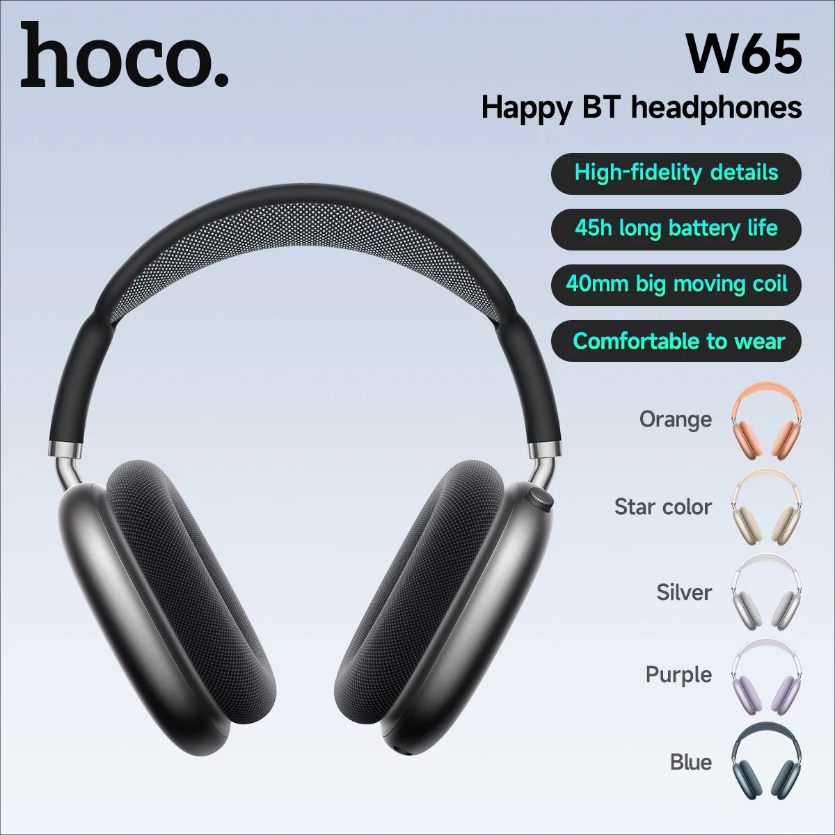 hoco Over-Ear Bluetooth 5.4 Kopfhörer Sport Kabellose Ohrhörer Headsets mit Mikrofon für Telefonate Stoff-Ohrpolster