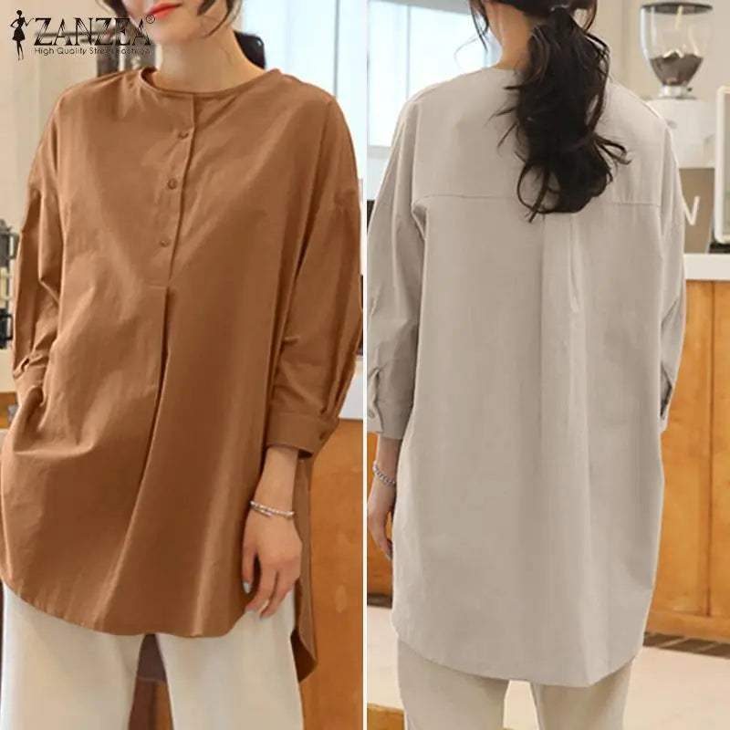 ZANZEA Mode Herbst Langarm Bluse Damen Weites Hemd Elegant Einfarbig OL Arbeitsplatten Lässig Locker Urlaub Arbeit Blusen Damen