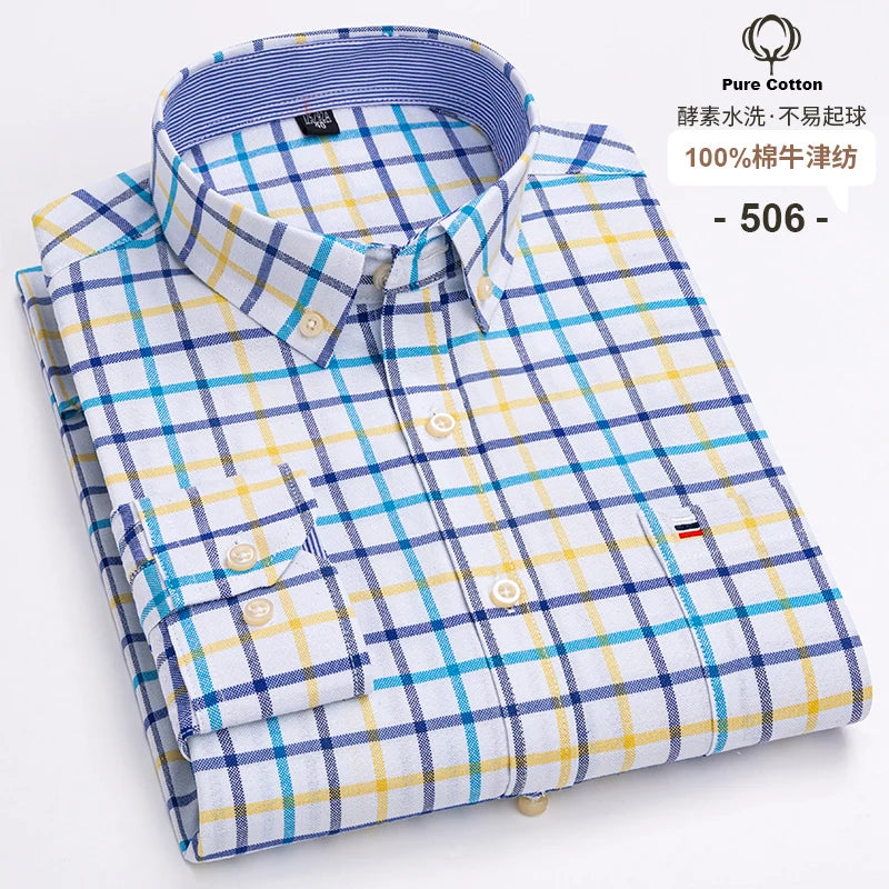 100 % Baumwolle Oxford Herrenhemden Langarm Kariert Weich Regular Fit Festliches Hemd Tasche Sozial Bluse Herrenkleidung S-7XL