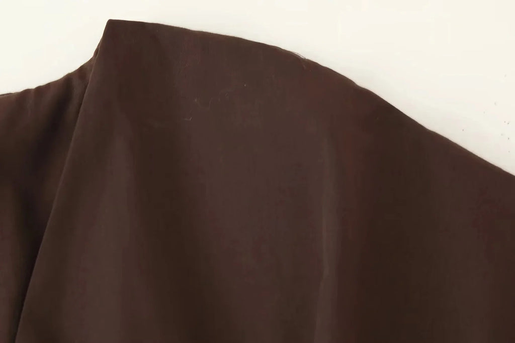 KONDALA 2026 Frühling Sommer Vintage Damenkleid Mode Einreihig Schärpen Drapierter V-Ausschnitt Ärmellos Schicke Braune Damenkleider