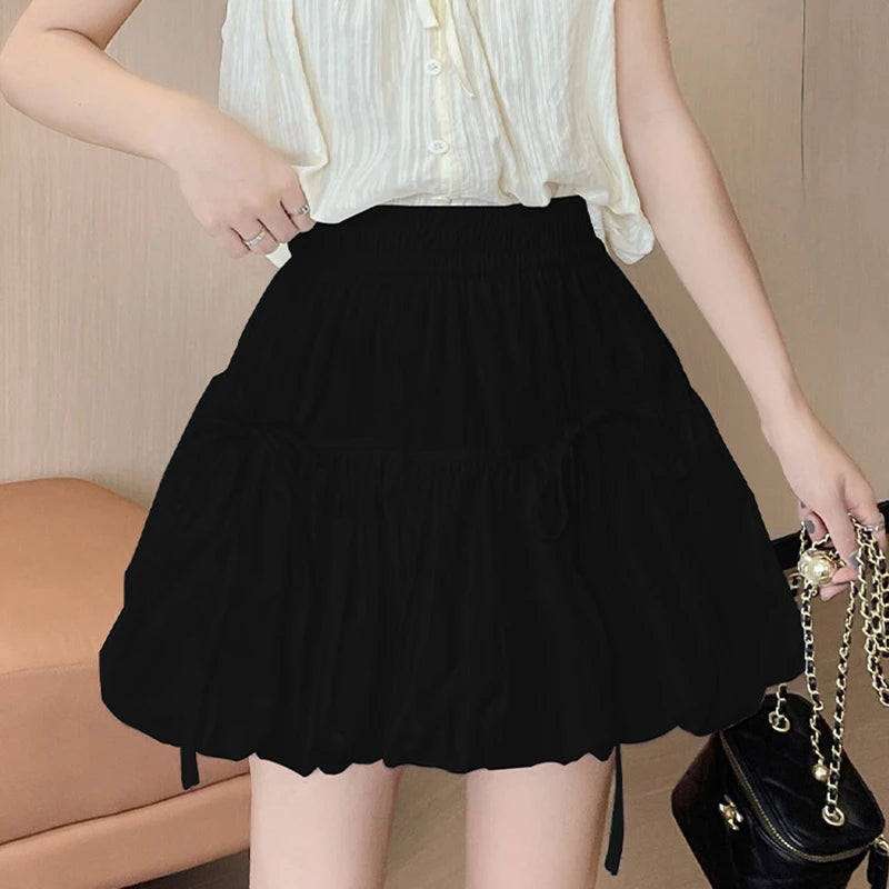 Süße Schleifen Plissierte Flauschige Röcke für Damen Sommer Koreanischer Stil Elastische Taille Laternenrock Damen Lockerer Weißer A-Linien Minirock