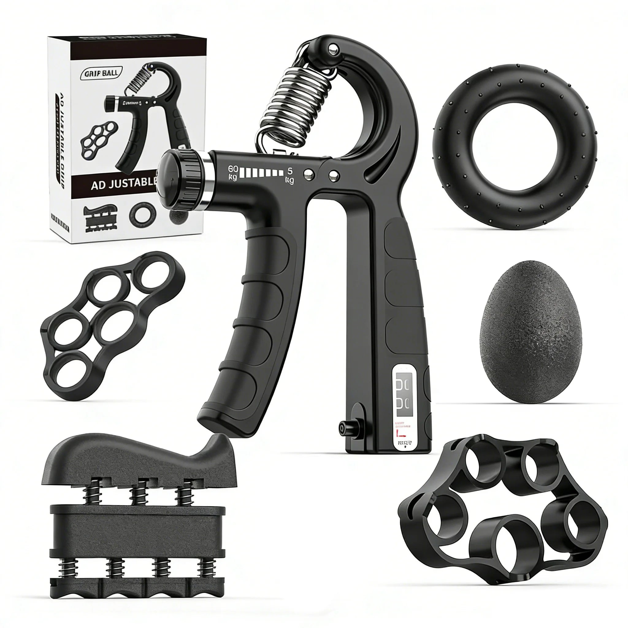 Adjustable Hand Grip Strengthener with Counter, Finger Exerciser Stretcher, Forearm Workout Equipment, Grip Ring Stress Ball, Hand Rehabilitation Trainer, Hand Strength Training Kit