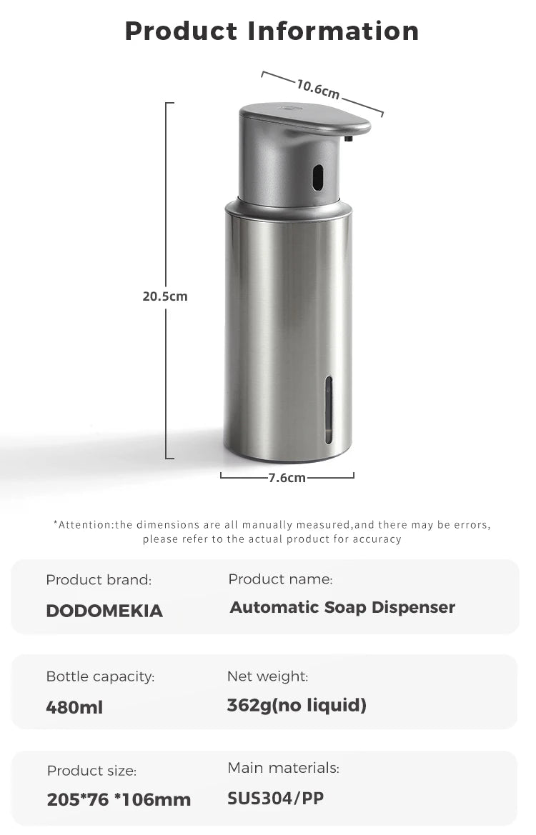 480ml Küchen-Seifenspender Automatischer Sensor Händedesinfektionsmittel Maschine Intelligenter elektrischer Körperwasch-Seifenspender aus 304 Edelstahl