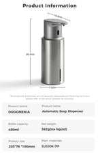 480ml Küchen-Seifenspender Automatischer Sensor Händedesinfektionsmittel Maschine Intelligenter elektrischer Körperwasch-Seifenspender aus 304 Edelstahl
