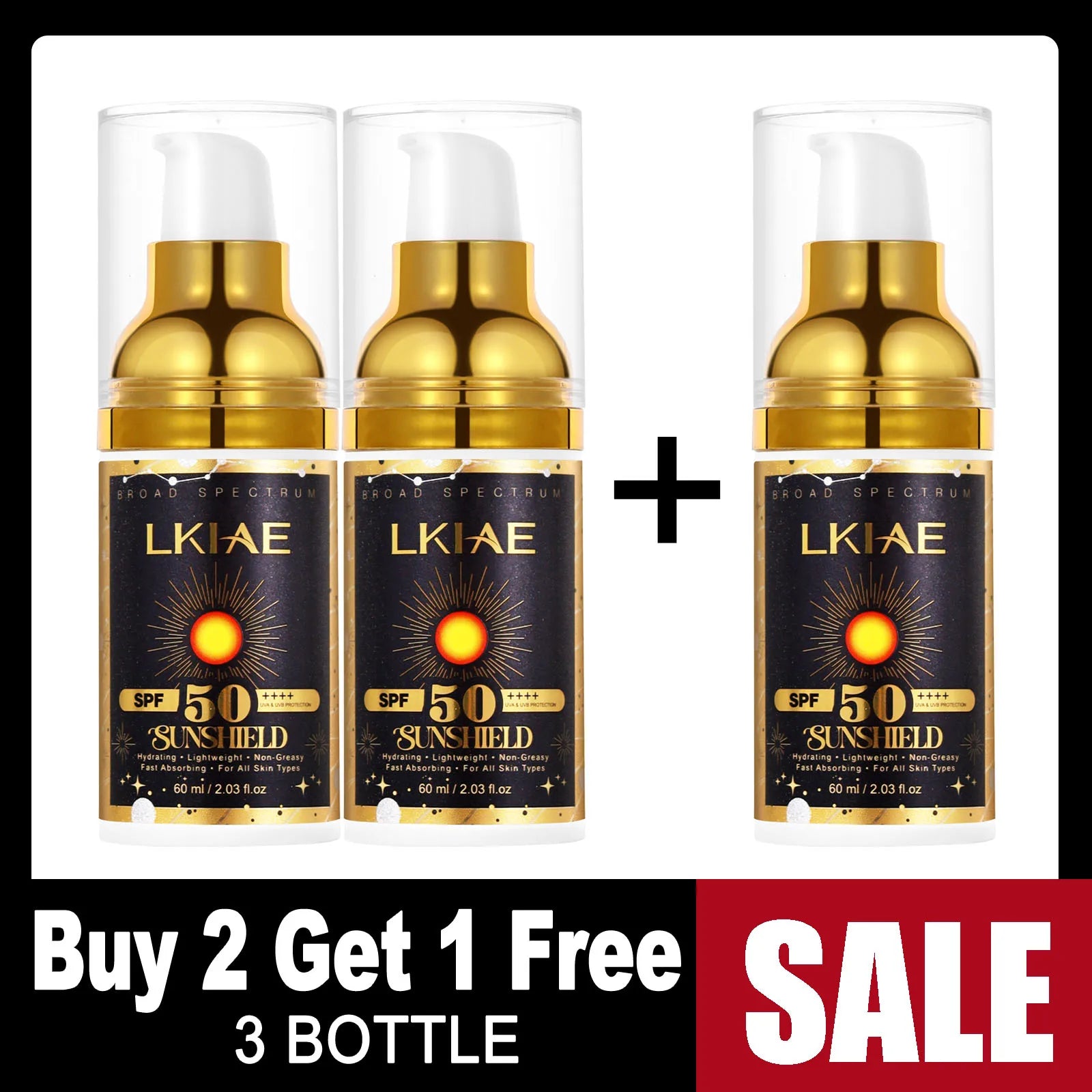LKIAE Sonnencreme, Breitspektrum LSF 50, UVA/UVB, leicht & nicht fettend, Sonnenschutz, für Gesicht, Körper, nicht komedogen, 60ml