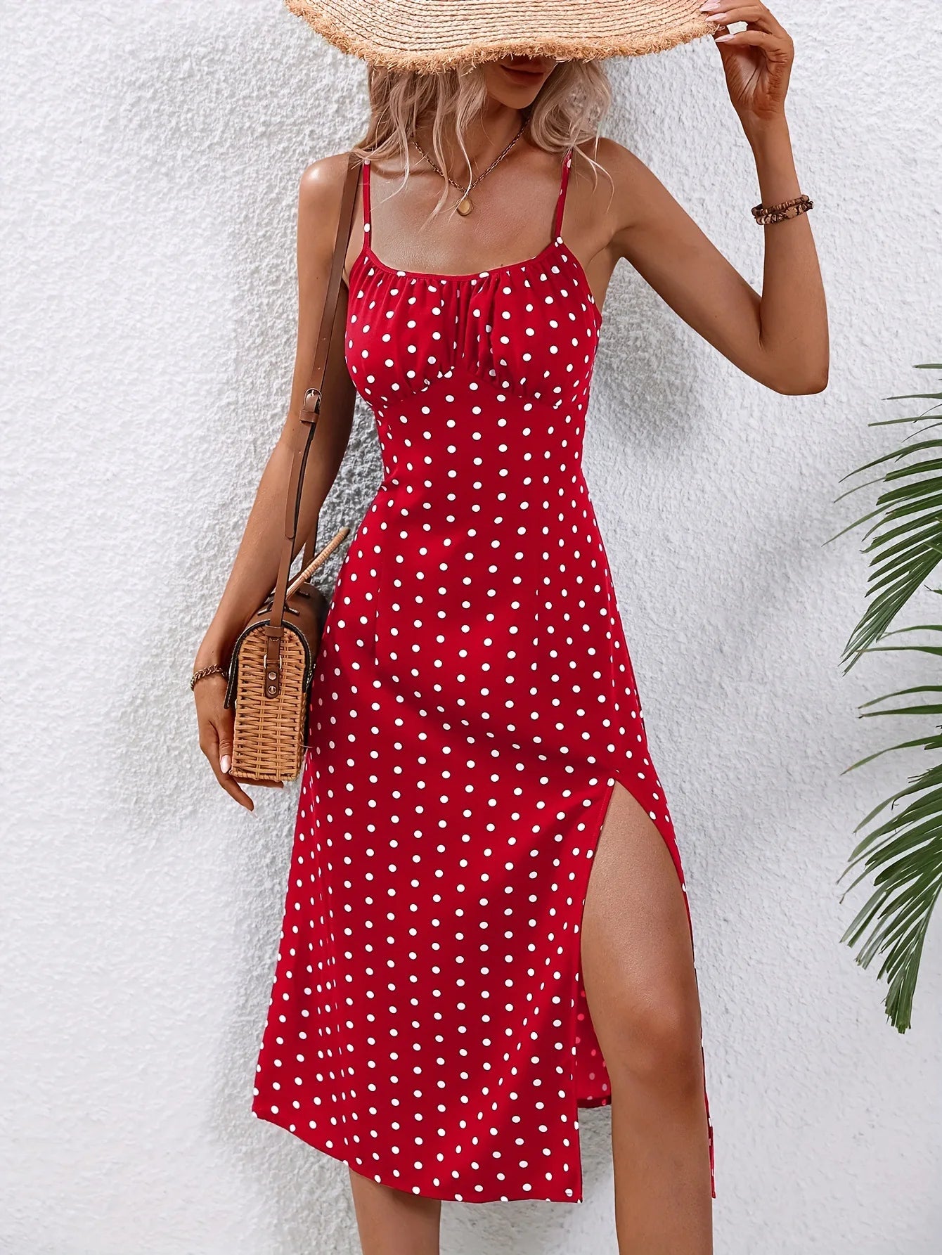 Damen Blumenmuster Spaghettiträger Sommer Boho Strandkleid Druck Elegant Träger Eckiger Ausschnitt Schlitzkleid Vestidos 2024