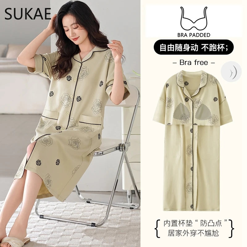 SUKAE Midi Nightdress M-5XL V-neck Bra Padded Botton Sleepshirt Plus Size Cotton Nightgowns Summer Women Short Sleeves Nightgown Hauptbild