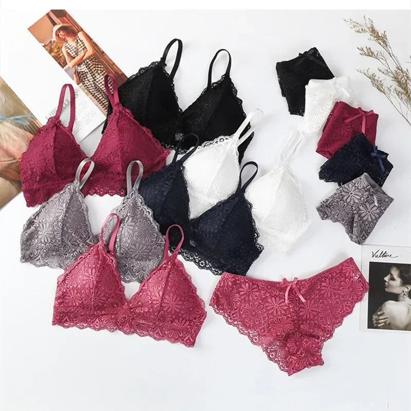 Damen Push-up BH Set Sexy Dessous Geblümte Spitze Kabelloser Bralette Niedriger Bund Höschen Sexy Slips Damen Unterwäsche Intimates