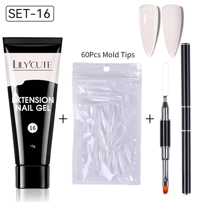 LILYCUTE 15ml Verlängerungsgel-Nagellack-Set Quick Nail Prolong mit Verlängerungsform-Nagelspitzen Acryl-Lösung Maniküre-Werkzeug-Kit