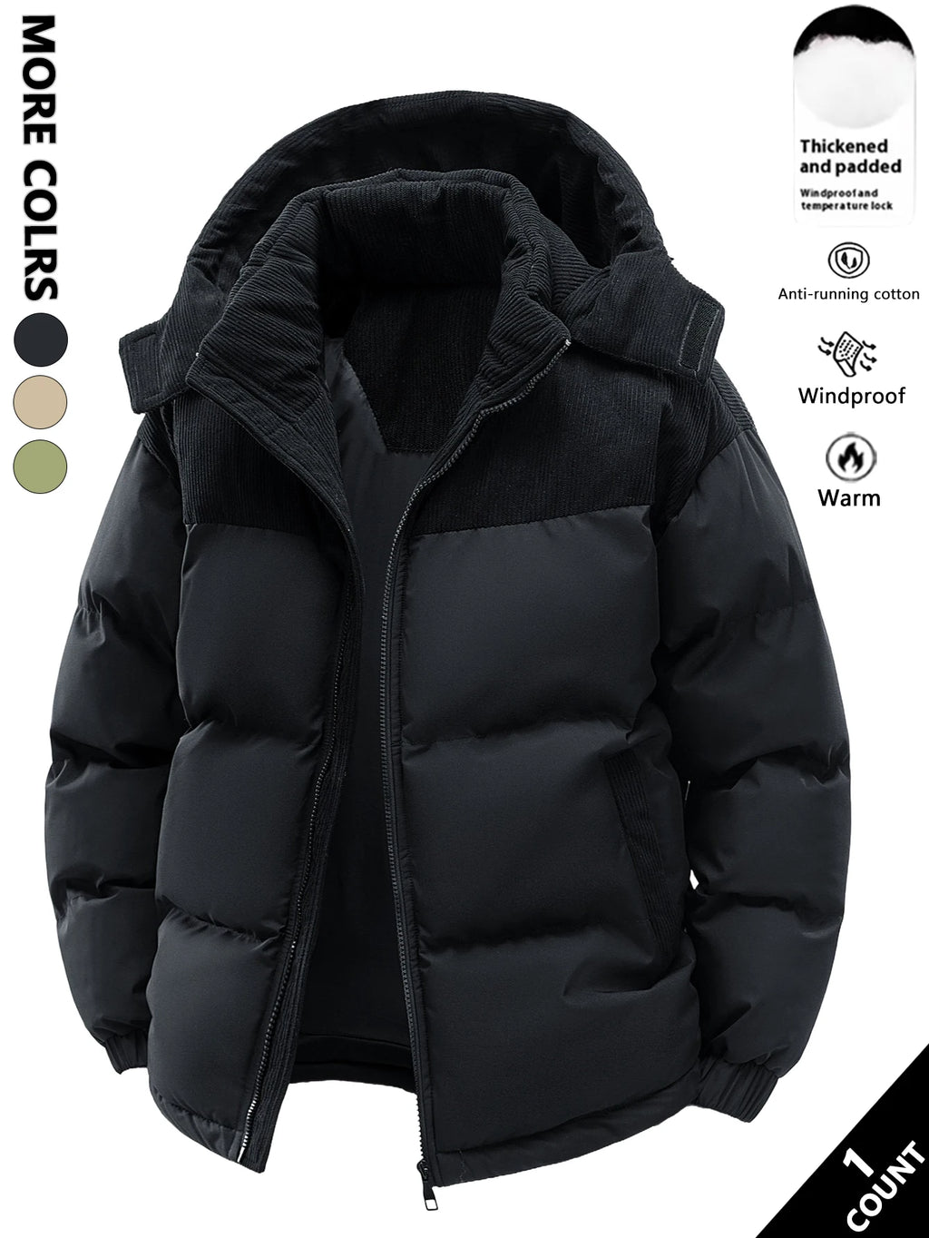 Herren-Kapuzenjacke aus Baumwolle, winterlich verdickt und warm, winddicht und kältebeständig, schlicht und vielseitig als Arbeitskleidung