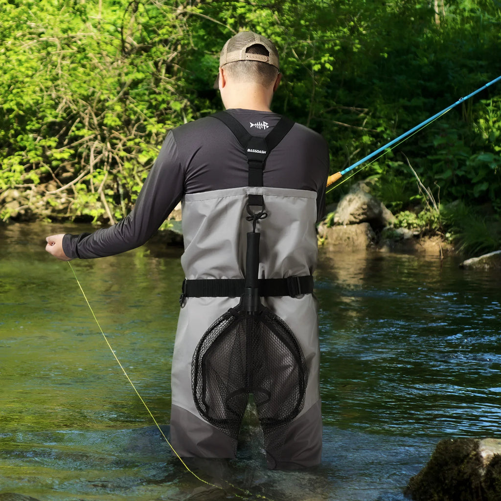 BASSDASH Anglerwathose leicht, mit angesetzten Füßlingen, FW08, für Herren, atmungsaktive Wathose, wasserdicht, zum Fliegenfischen, Brusthöhe