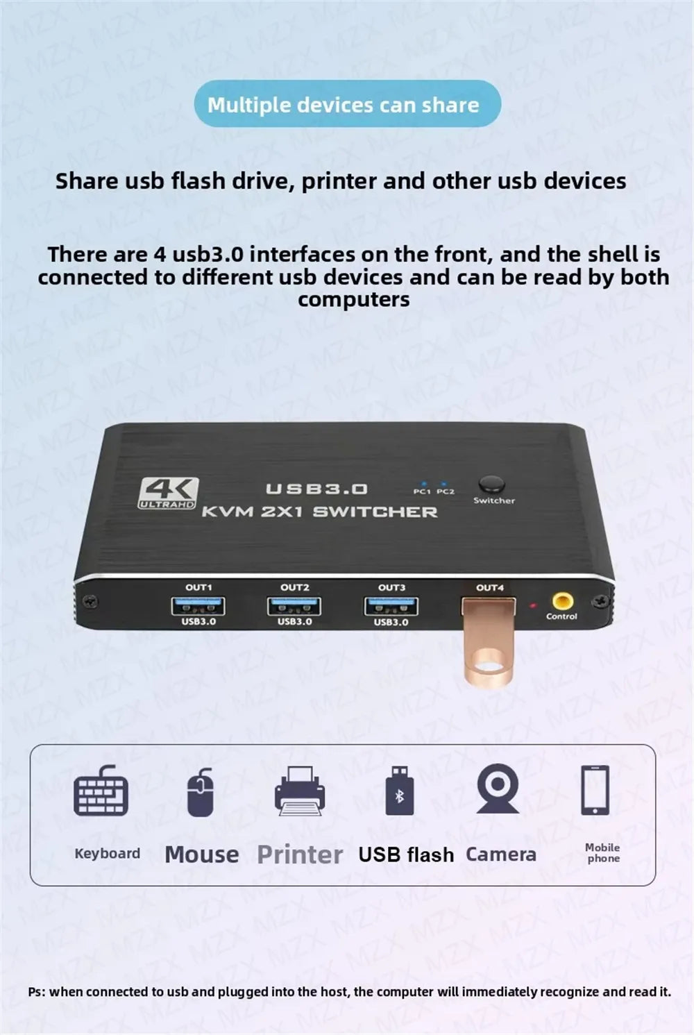 MZX KVM Switch Switcher 4K 60Hz HD4K 2.0 Splitter USB 3.0 Hub Docking Station Dock 2 Computers PC Sharing Keyboard Mouse Printer